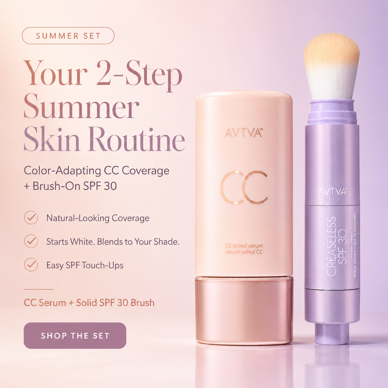 AVTVA Summer Skin Essentials Set — CC Serum + Solid SPF 30 Sunscreen Brush